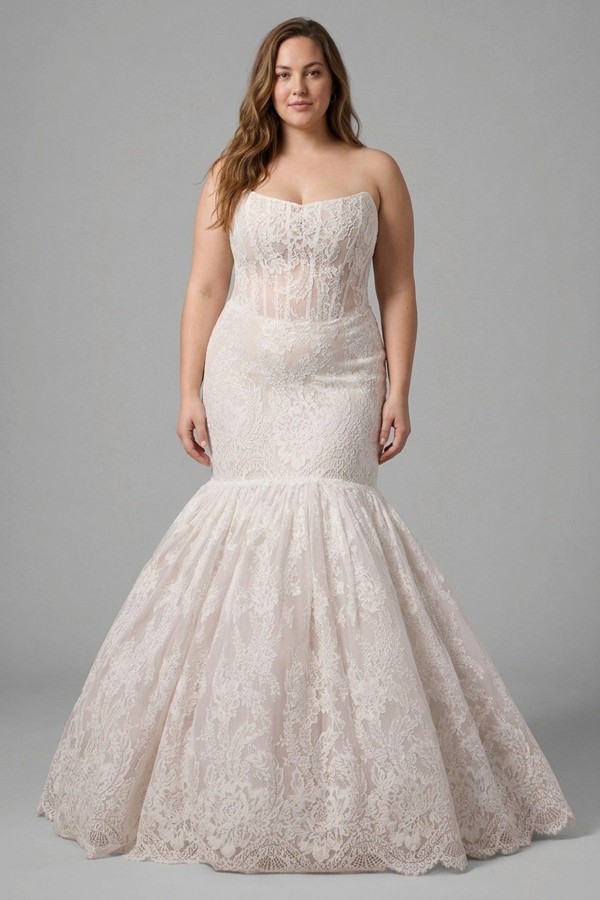 Plus-Size Lace Mermaid Wedding Dress With Detachable Gloves And Bolero — plus-size render