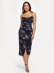 Popilush® Lace Trim Sculpting Floral-print Midi Dress