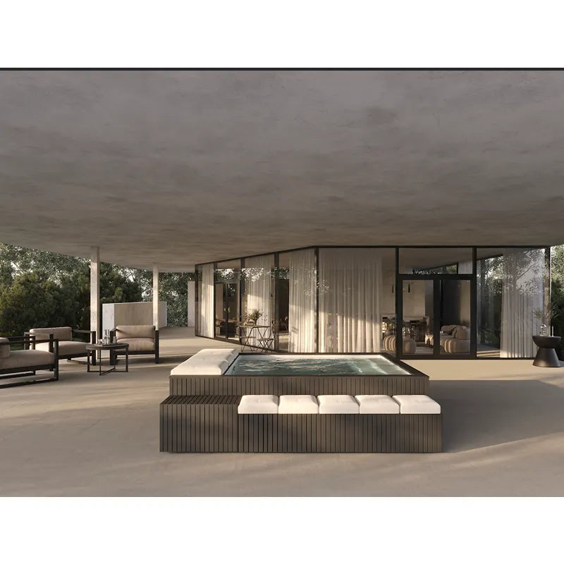 Portcril Mirage Spa Whirlpool mit Massagedüsen in moderner Garten-Wellness-Oase mit Loungebereich