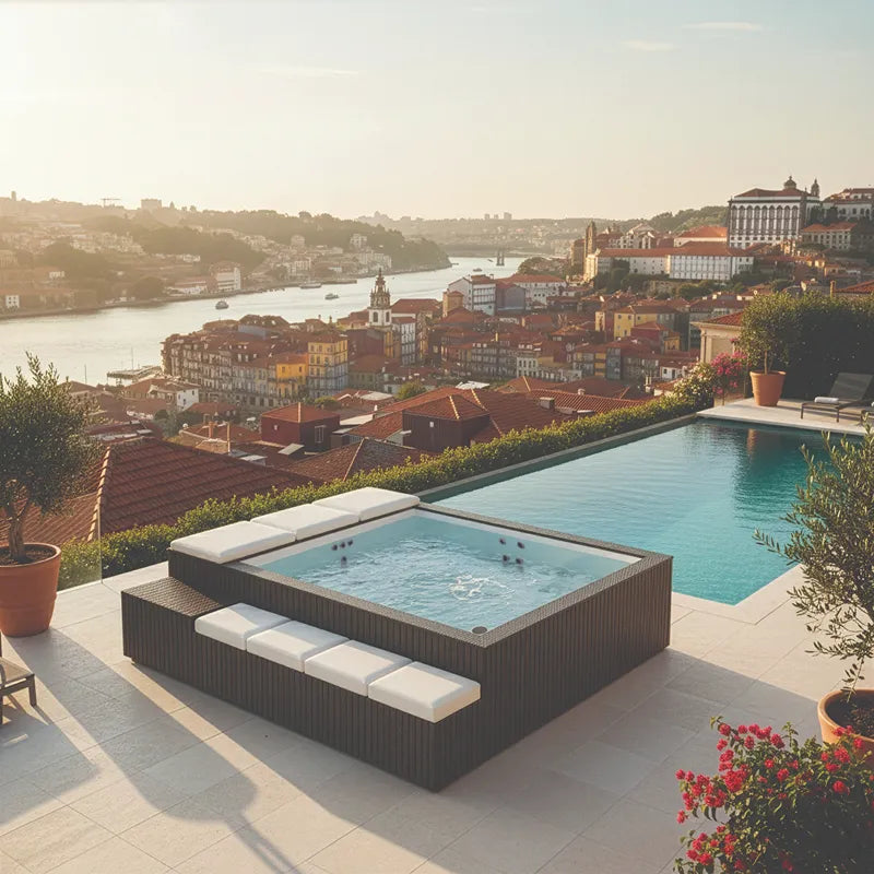 Portcril Mirage Spa Whirlpool mit Massagedüsen auf einer Luxus-Terrasse mit Ausblick auf eine europäische Stadt