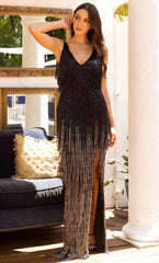 Primavera Couture 3919 - Beaded Fringed V-Neck Prom Dress Special Occasion Dress 000 / Black