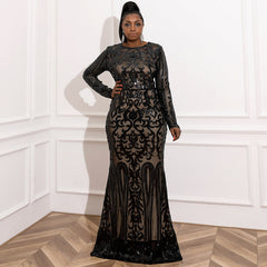 Woman wearing MARINA Formal Dress in black with sequin appliques