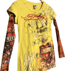00's Tattoo Print Mesh Long Sleeve Shirt by Ed Hardy by Christian Audigier