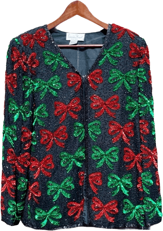 80’s Black Green and Red Sequin Bow Jacket by Laurence Kazar New York