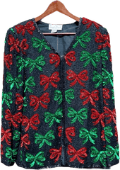 80’s Black Green and Red Sequin Bow Jacket by Laurence Kazar New York