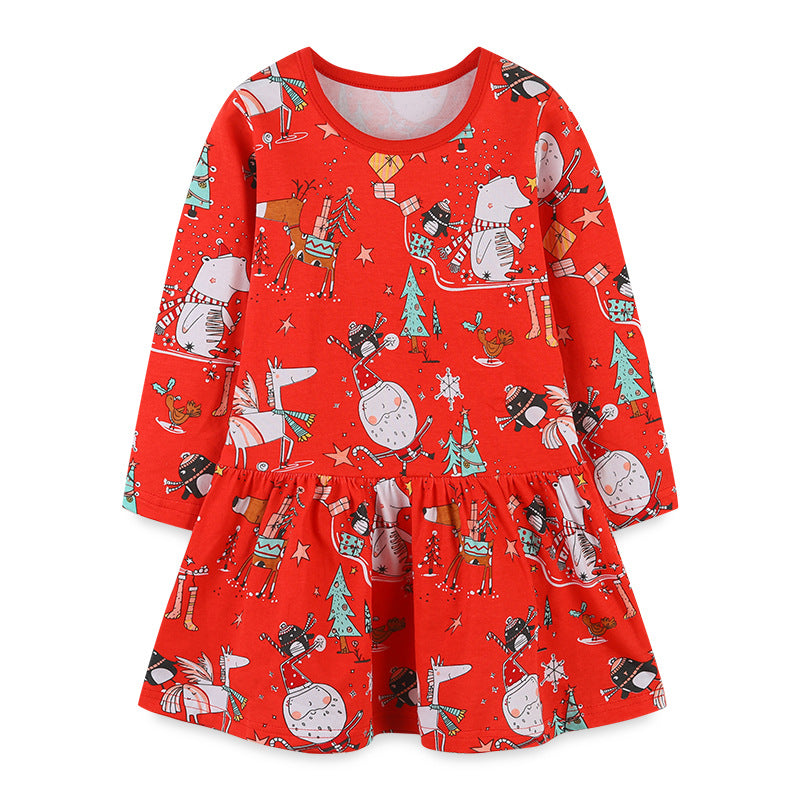 Baby Girl Cartoon Print Pattern Christmas Loose Long Dress, MyKids-USA®, Baby & Toddler Dresses, MyKids-USA - Size/Age - 90 (12-24M) - Color - Red -  -  - JM2209290045-A.