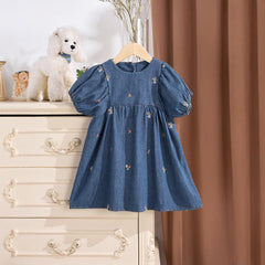 Summer Baby Kids Girls Denim Short Sleeves Flowers Pattern Embroidered Dress, MyKids-USA®, Baby & Toddler Dresses, MyKids-USA - Size/Age - 90 (12-24M) - Color - Blue -  -  - TR2504182145-A.