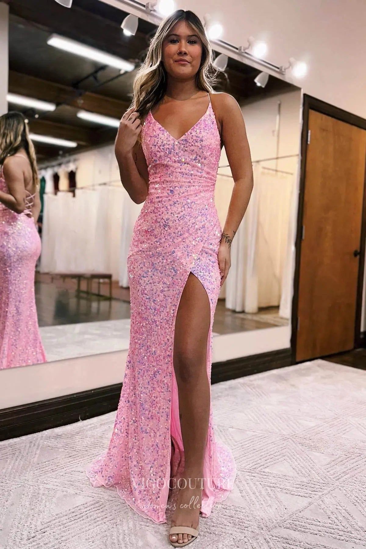 Prom Dress 2025 Sparkling Pink Sequin Mermaid Prom Dress with Slit and Spaghetti Strap 22183-unique elegant Prom Dresses-Pink-Custom Size-vigocouture