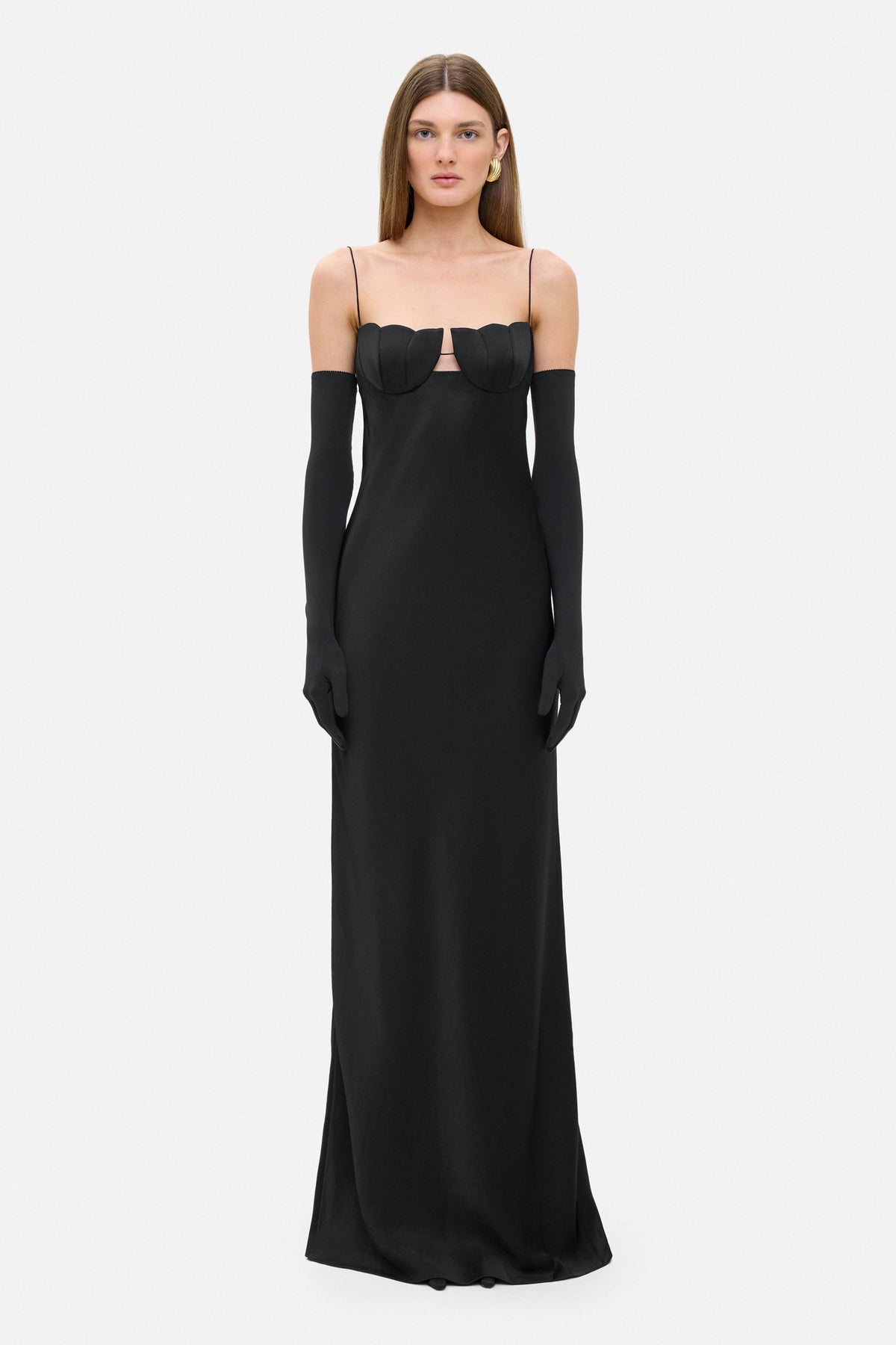 Model in Tulip dress and long black Manon gloves with a scalloped trim, front view