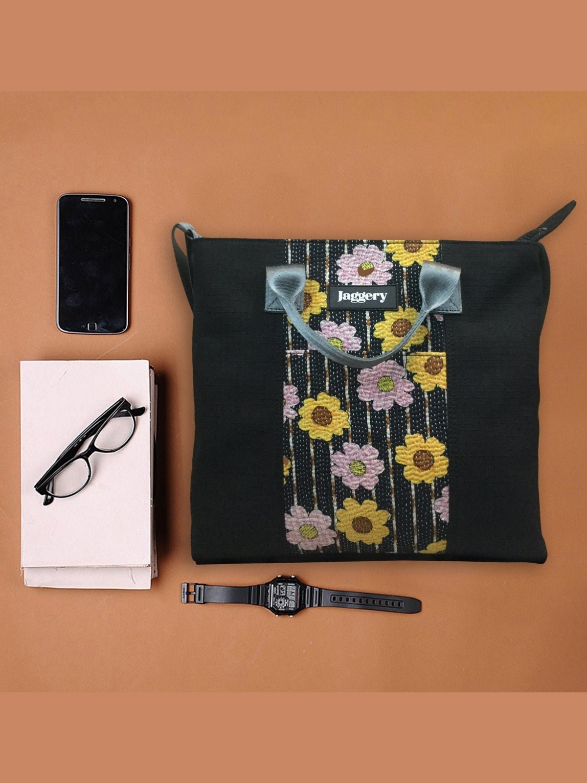 BagsPunar Prayog Chota Messenger Bag in Ex - Army Black Canvas & Vintage Kantha [add on bag]JaggeryFlourish Planet