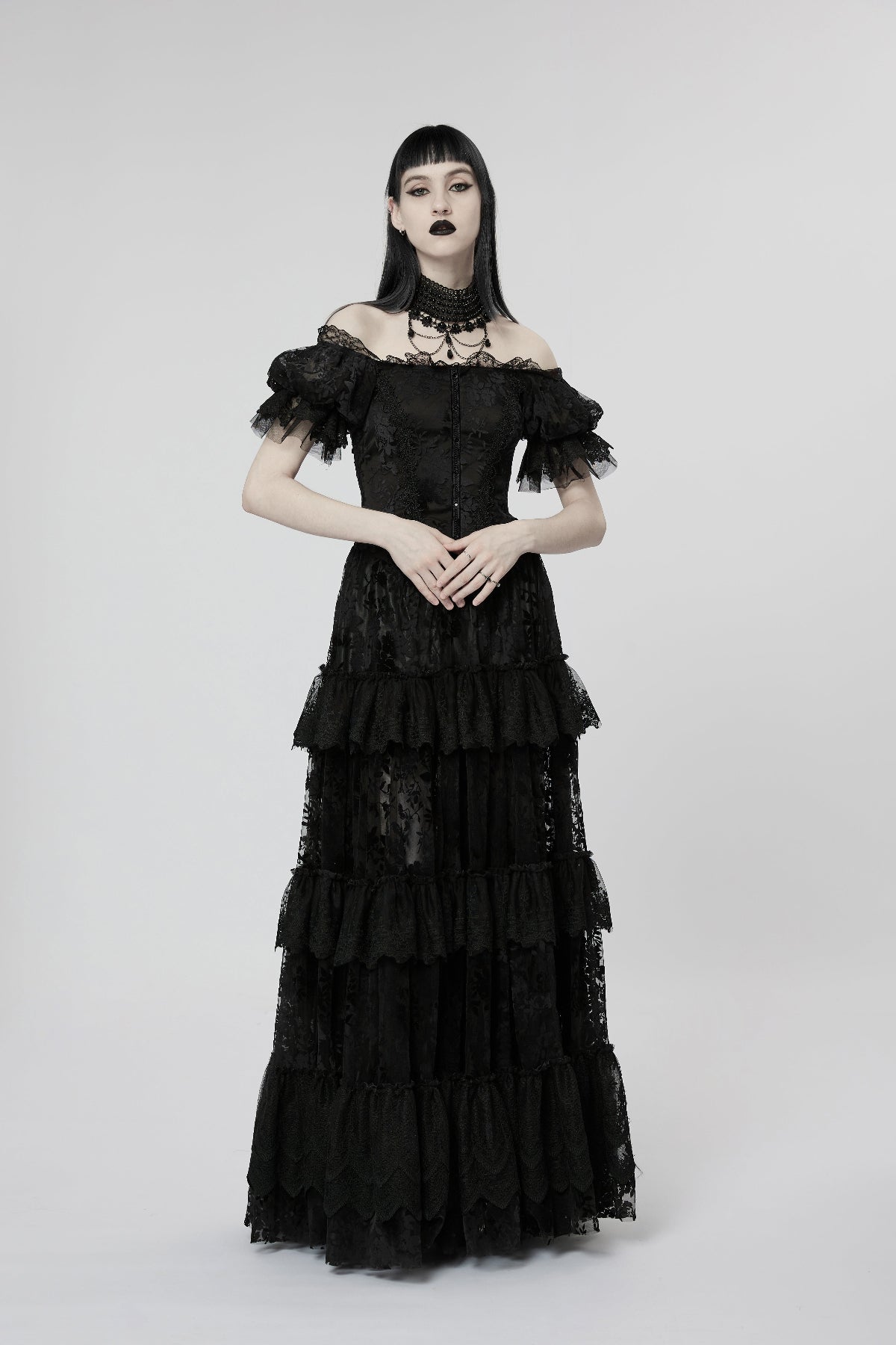 Model wearing Punk Rave WQ-613 black Gothic lace tiered off-shoulder dress