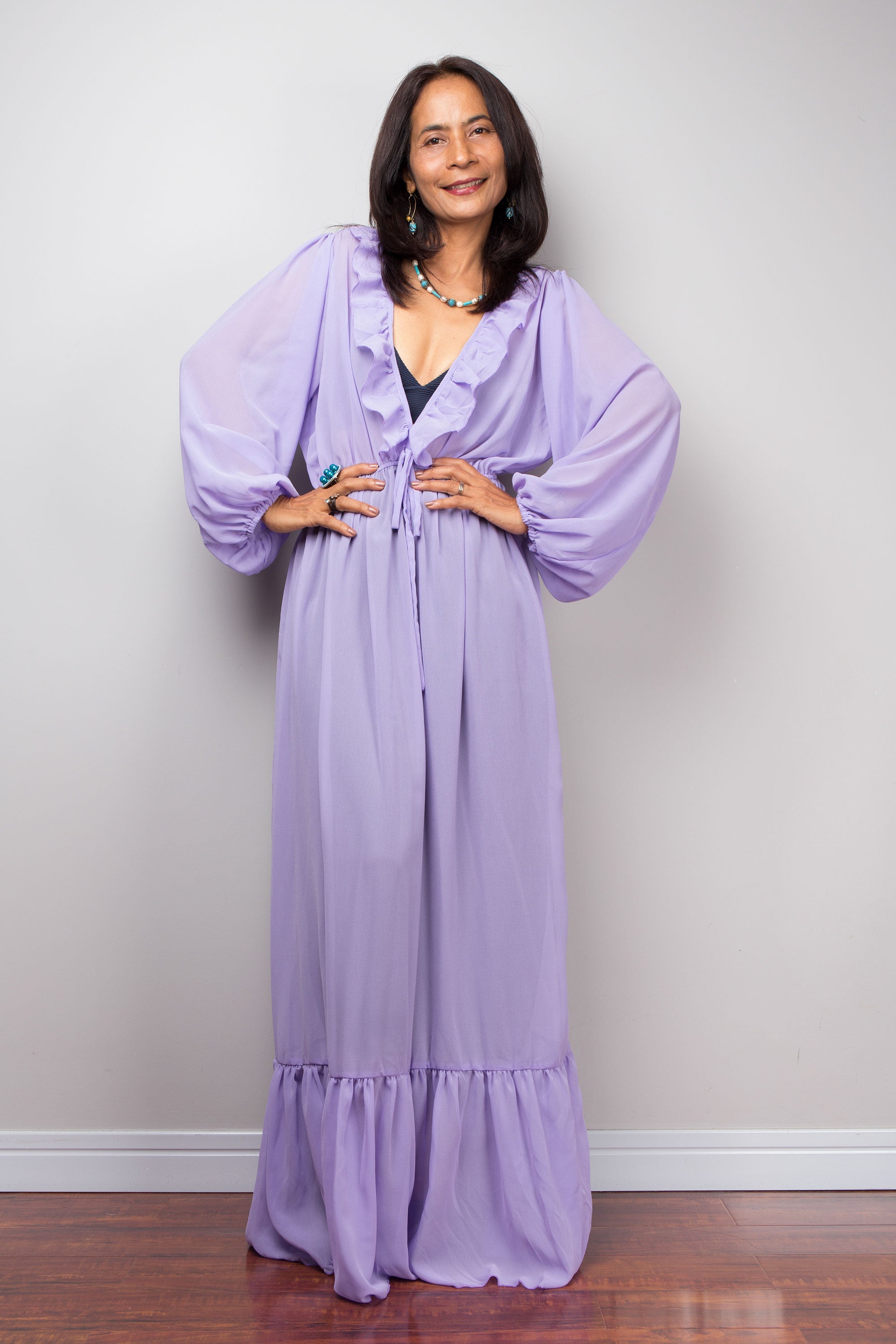 Nuichan Purple Chiffon Maxi Dress, sheer ruffle long dress, women’s boho style 2026
