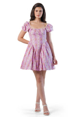 Pretty Pixie purple floral puff sleeve mini dress front