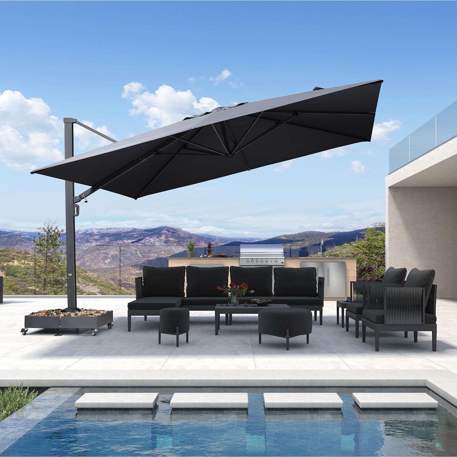 Black offset patio umbrella with outdoor furniture set by a pool, patio shade solutions