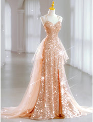 A-Line Prom Dresses Sparkle & Shine Dress Sweet 16 Birthday Floor Length Sleeveless Sweetheart Tulle with Sequin