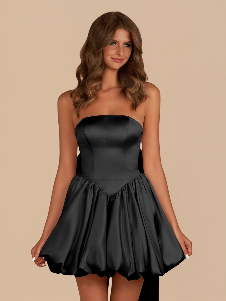 Black Strapless A Line Satin Short Homecoming Dress With Bow - KissProm