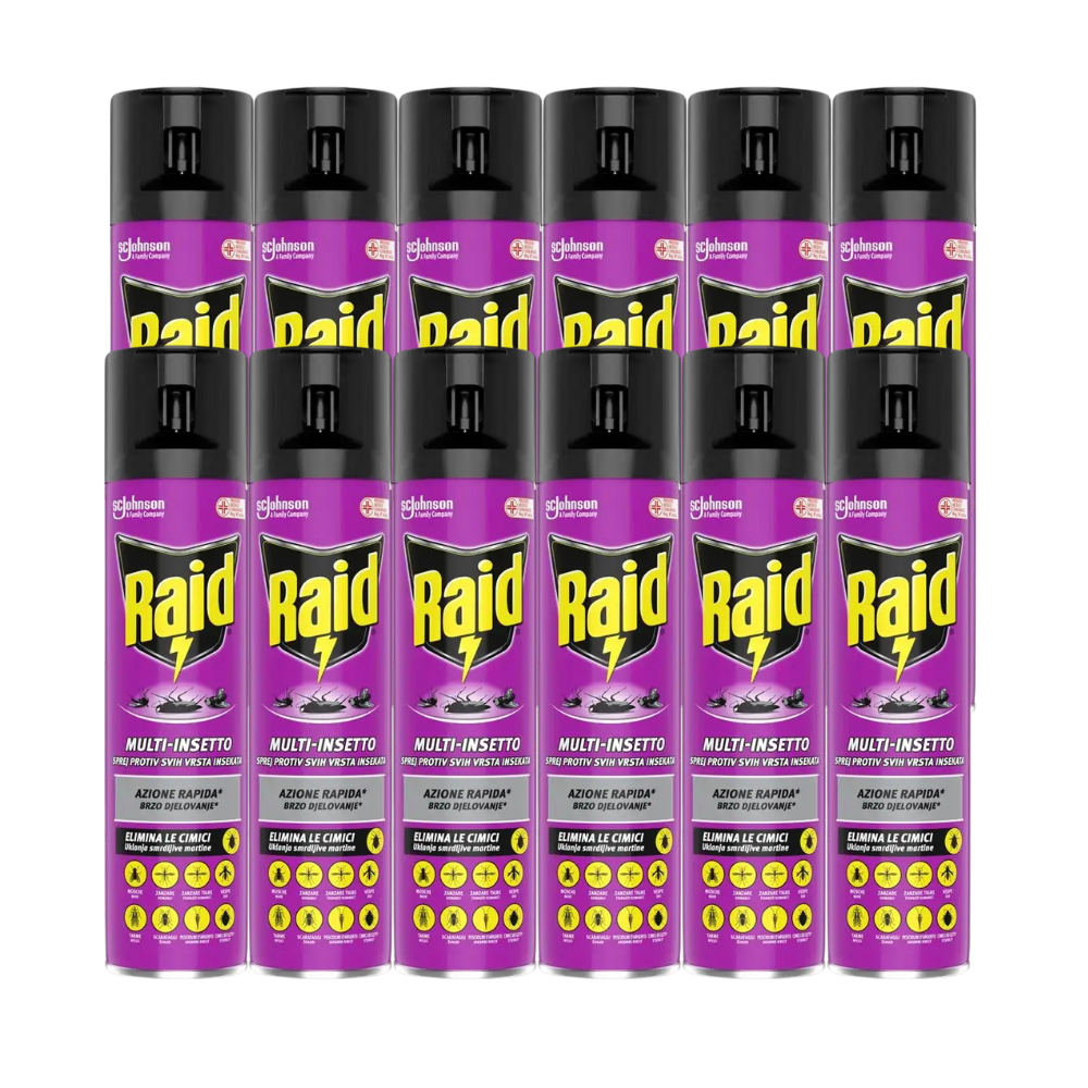 Confezione da 12 bombolette di Raid® Multi-Insetto Spray, azione rapida contro insetti volanti e striscianti.