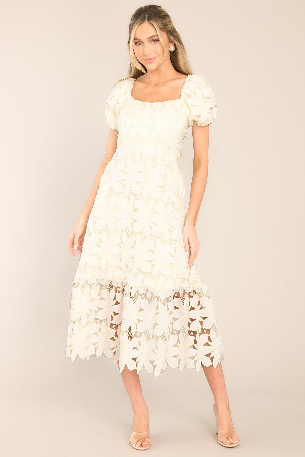 Rays Of Hope Ivory Lace Floral Midi Dress - Red Dress