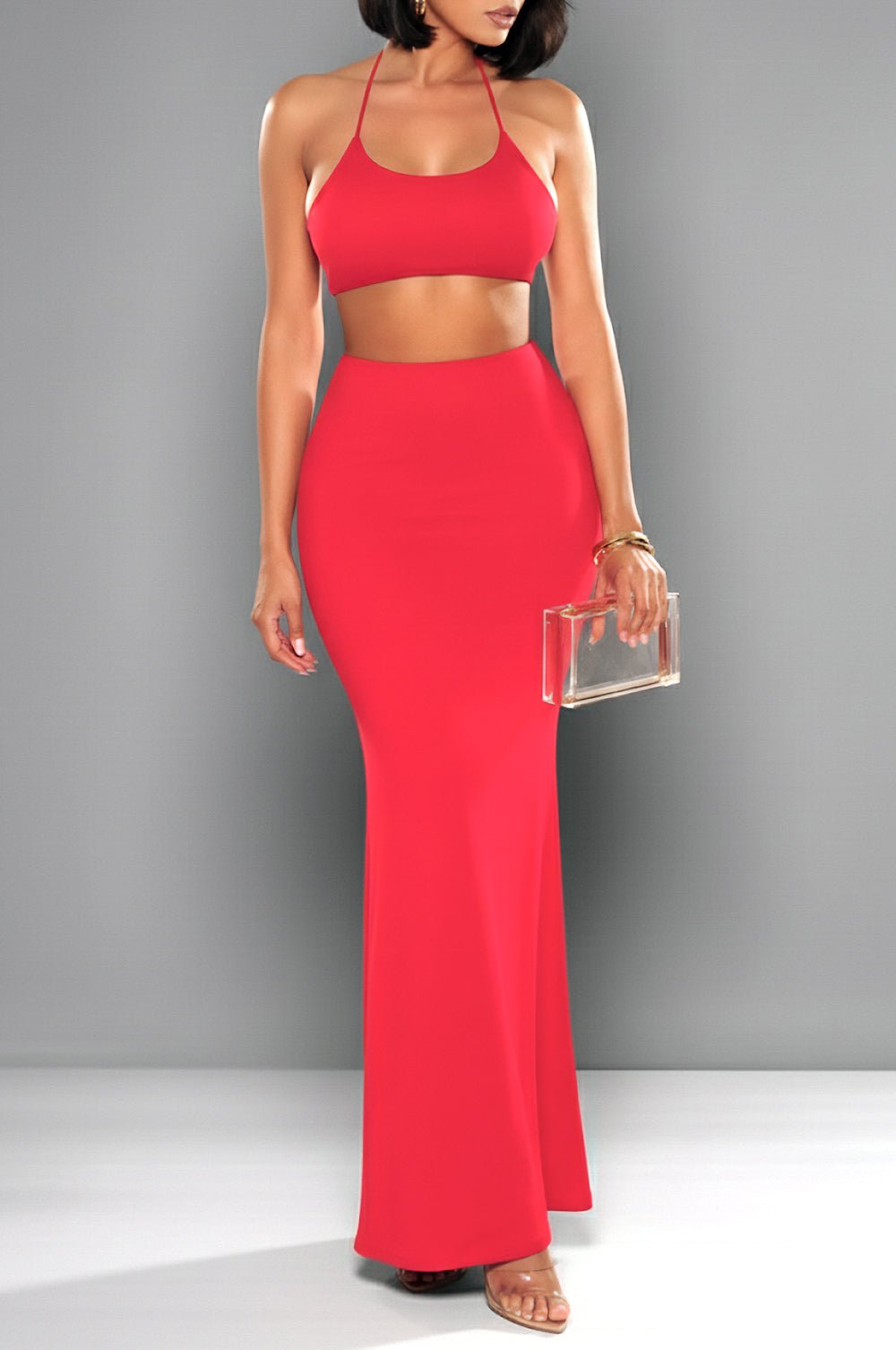 Red Halter Cut Out Mermaid Maxi Dress - Hot Miami Styles