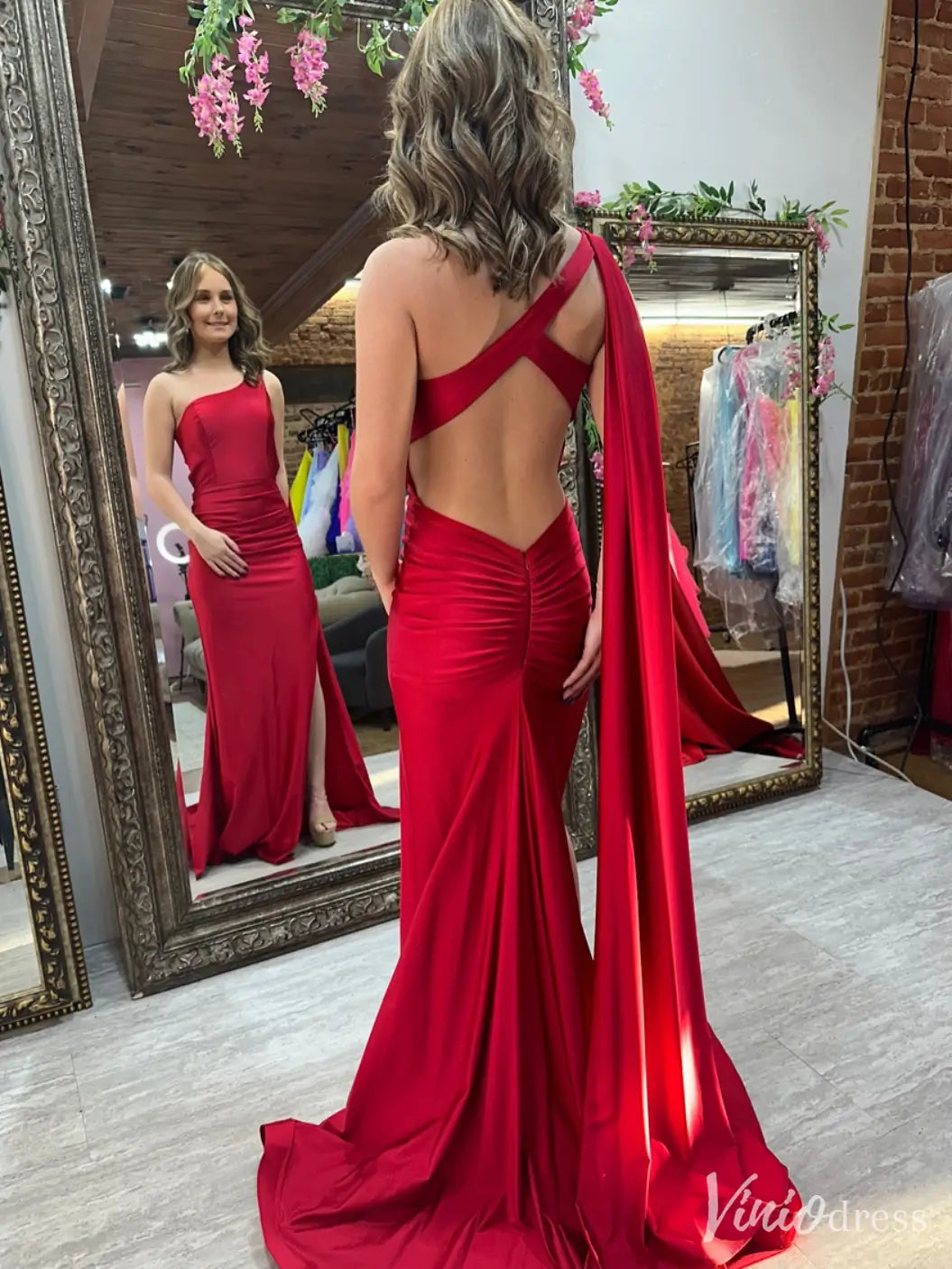 Red One-Shoulder Backless Pageant Dress with Slit, Draped Sash and Ruched Mermaid Skirt – FD6160-prom dresses 2025 -Viniodress-Red-Custom Size-