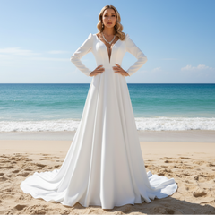 Simple and Sleek A-line Satin Wedding Dress with Long Sleeves