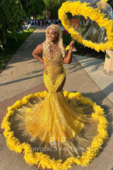 gold rhinestones glitter long train trumpet prom dress