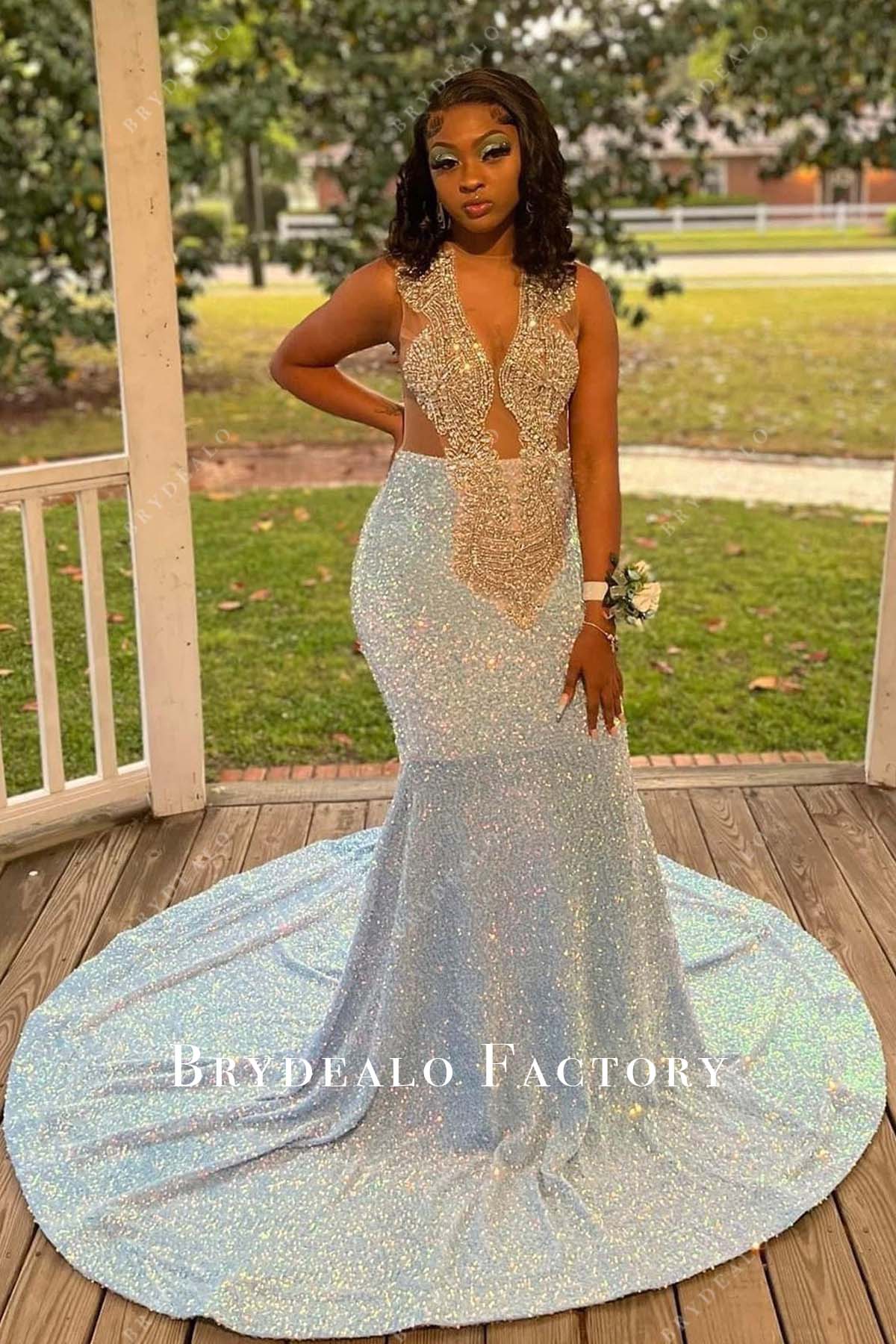 Iridescent Sequin Rhinestones Plunging Neck Prom Dress