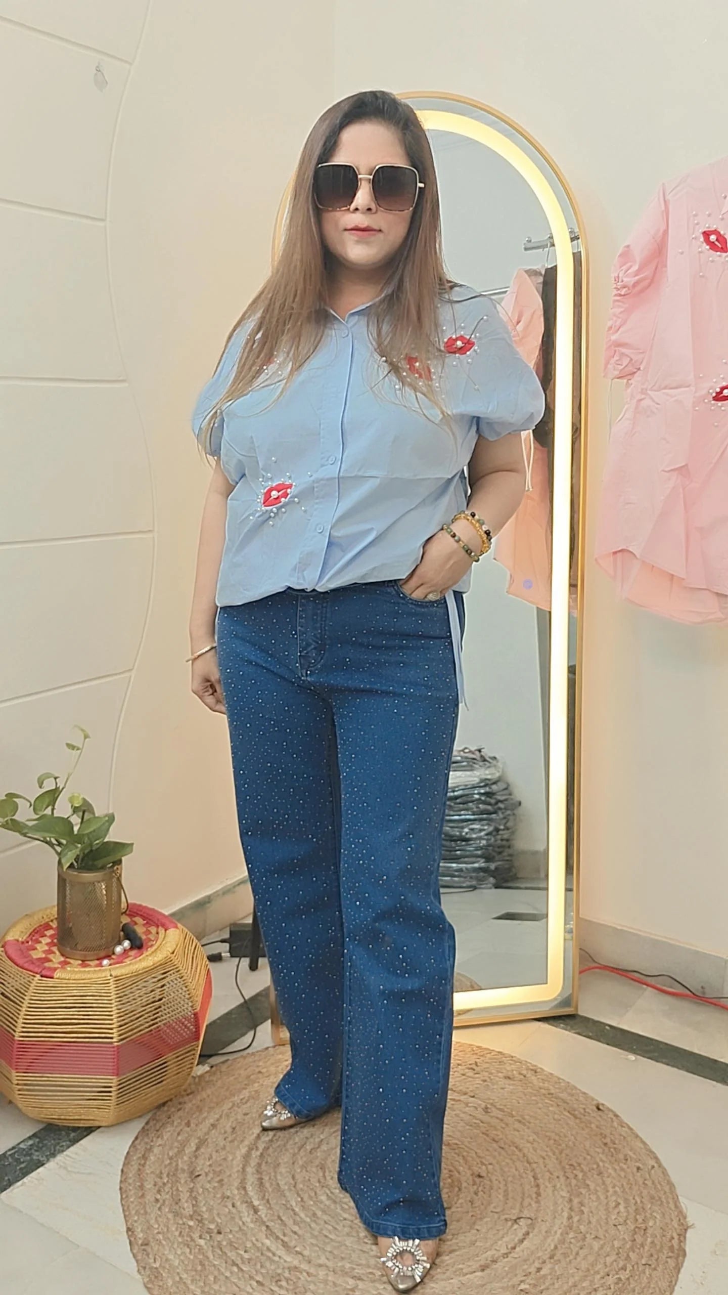 Lipstick Love Button Down shirt blue and pink