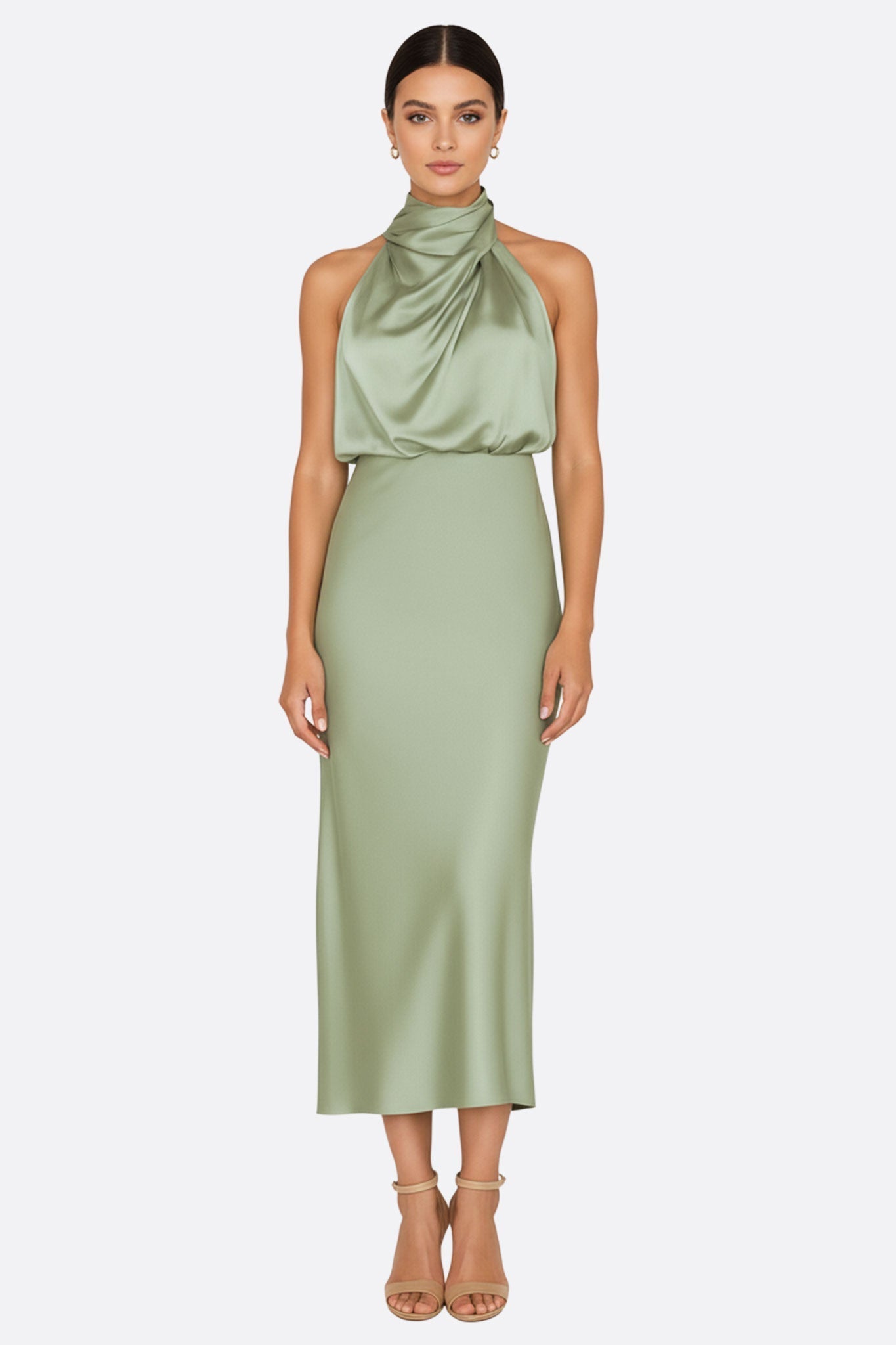 Robe élégante midi en satin vert sauge avec col drapé, idéale pour une soirée sophistiquée.