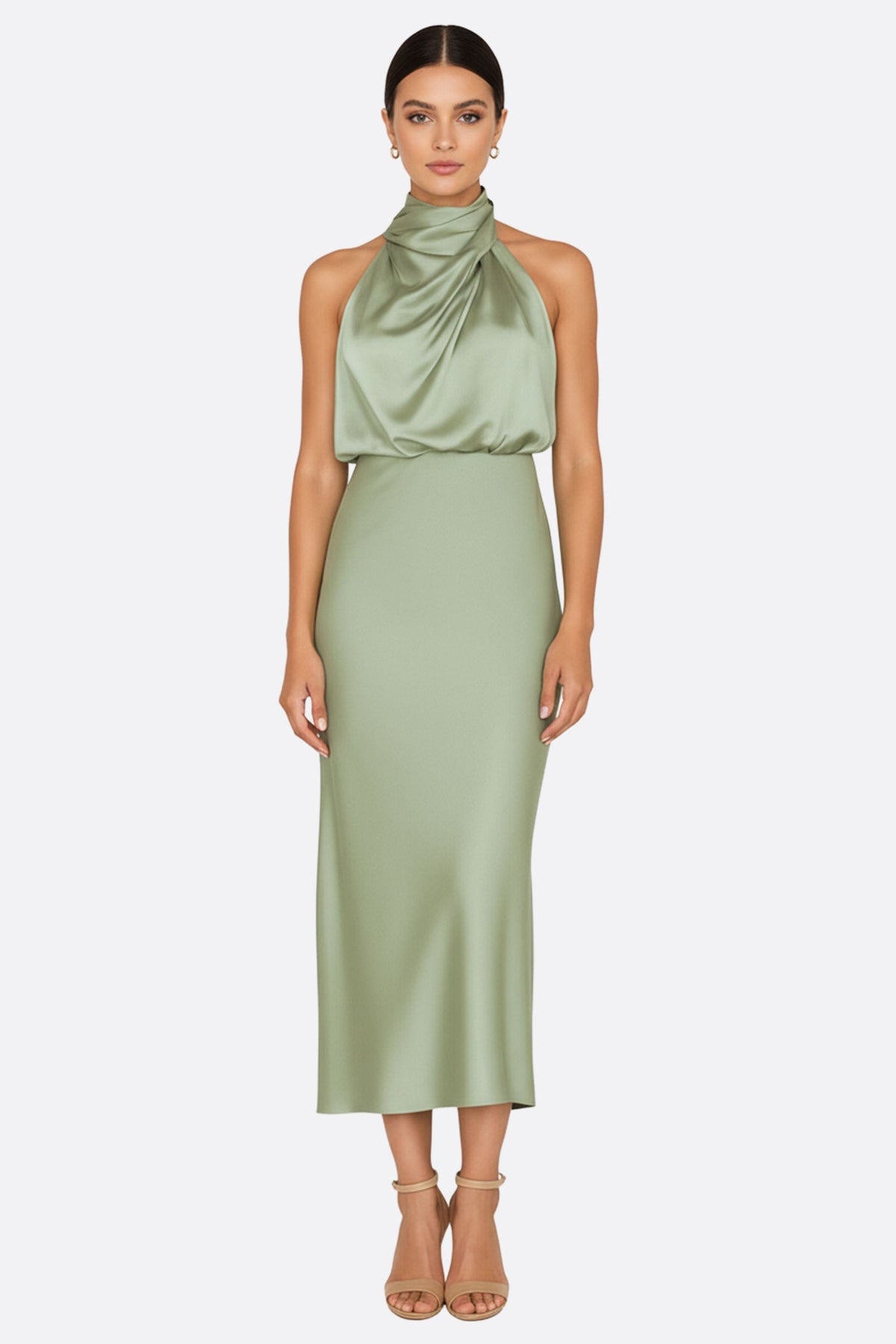 Robe élégante midi en satin vert sauge avec col drapé, idéale pour une soirée sophistiquée.