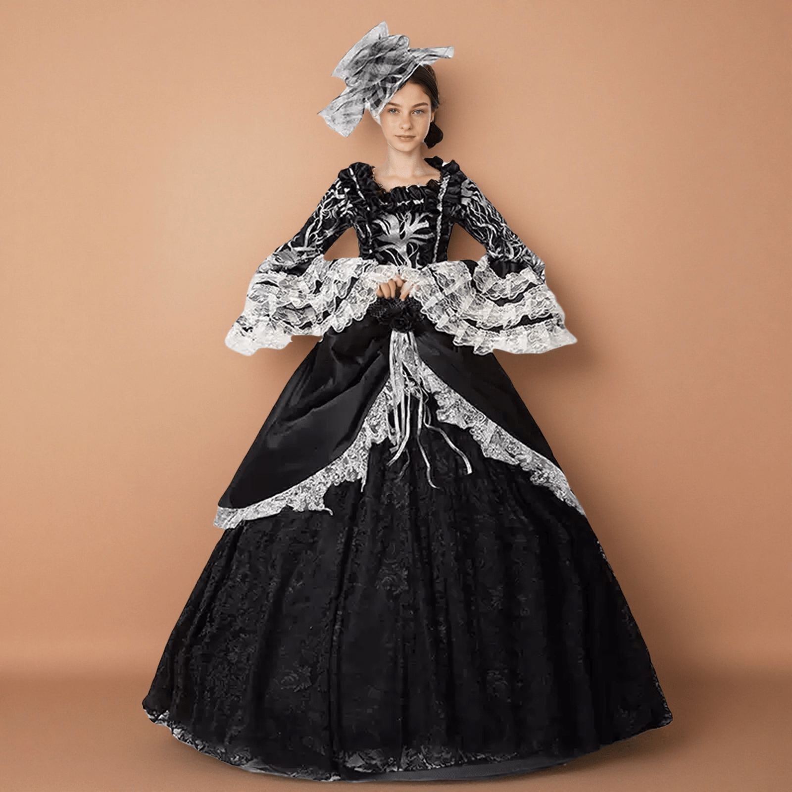 Rococo Black Ball Gown with Lace Bell Sleeves – Baroque Victorian Formal Dress Plus Size - WonderlandByLilian