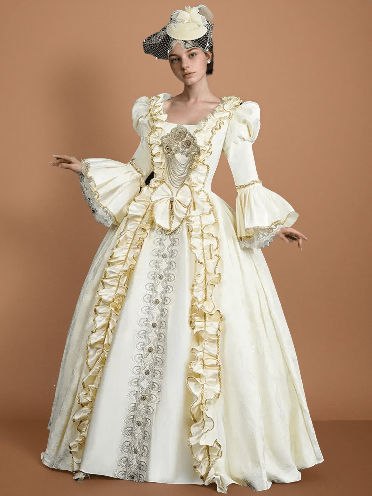 Rococo Cream Ball Gown with Ruffle Trim and Embroidered Bodice – Lace - Up Rococo Costume Dress - WonderlandByLilian
