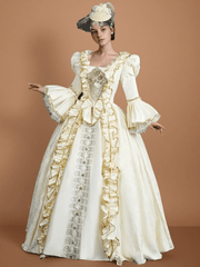 Rococo Cream Ball Gown with Ruffle Trim and Embroidered Bodice – Lace - Up Rococo Costume Dress - WonderlandByLilian