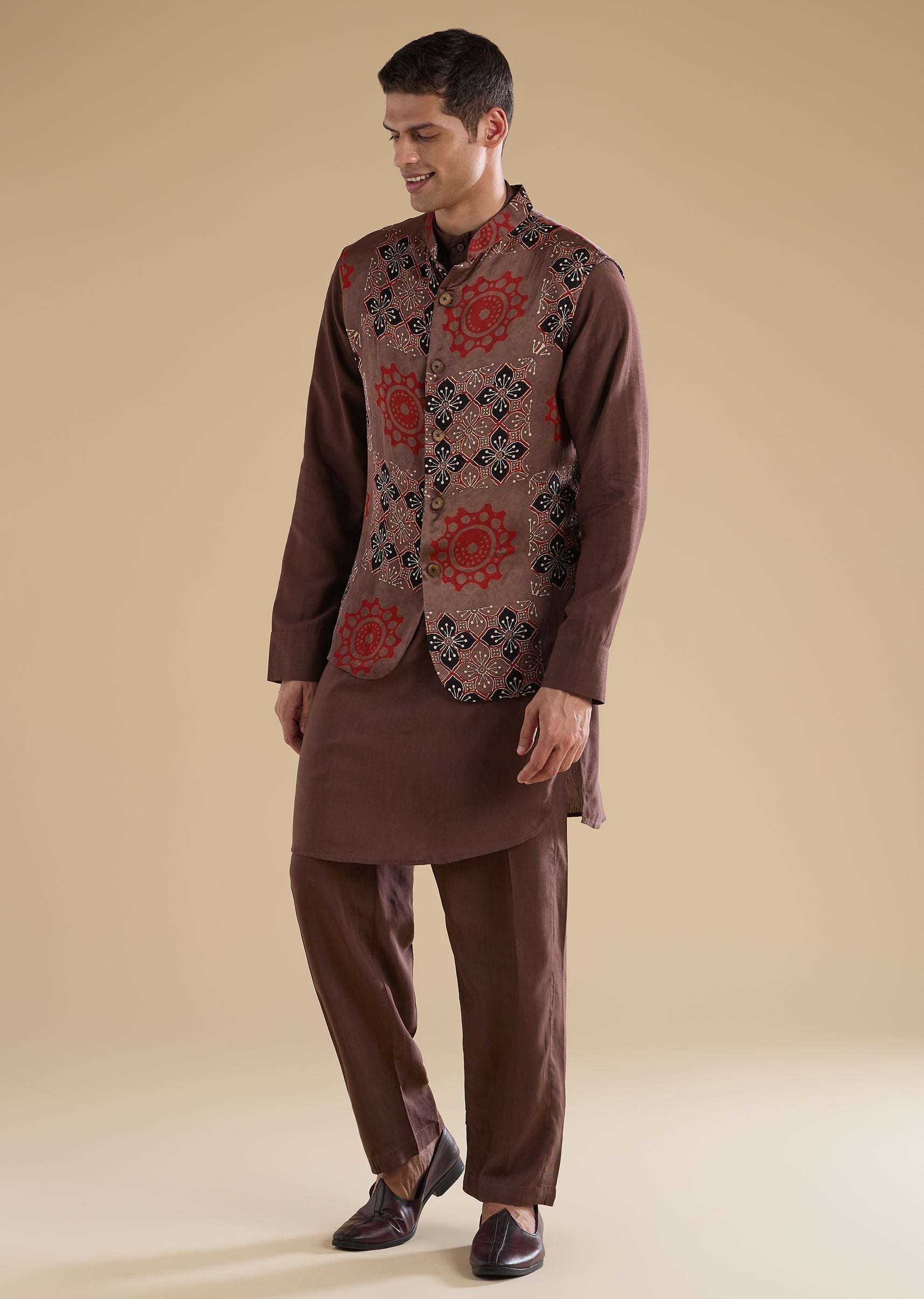 Rust Ajrakh Printed Kurta Jacket Set