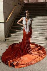 Rusty Jersey Mermaid Long Train Rhinestones Prom Dress