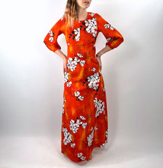 60s Maxi Dress Vintage Hawaiian Print Hibiscus Orange  XS Sa-Ne Hawaii VFG