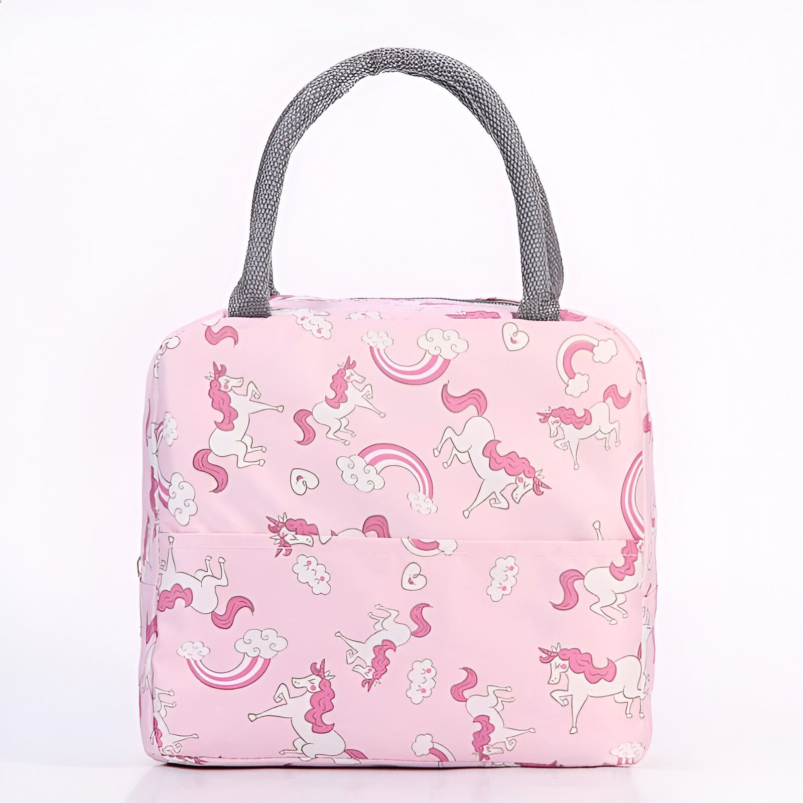 Sac à lunch rose à motifs licornes, arc-en-ciel et cœurs. Sac isotherme avec poignées grises pour transporter le repas des enfants., 45501328949503 | Licorne Shop