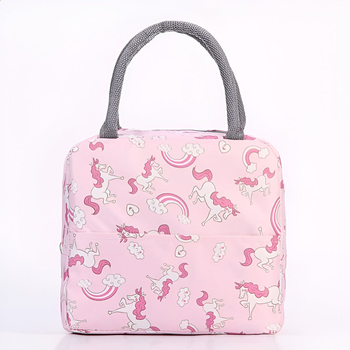 Sac à lunch rose à motifs licornes, arc-en-ciel et cœurs. Sac isotherme avec poignées grises pour transporter le repas des enfants., 45501328949503 | Licorne Shop
