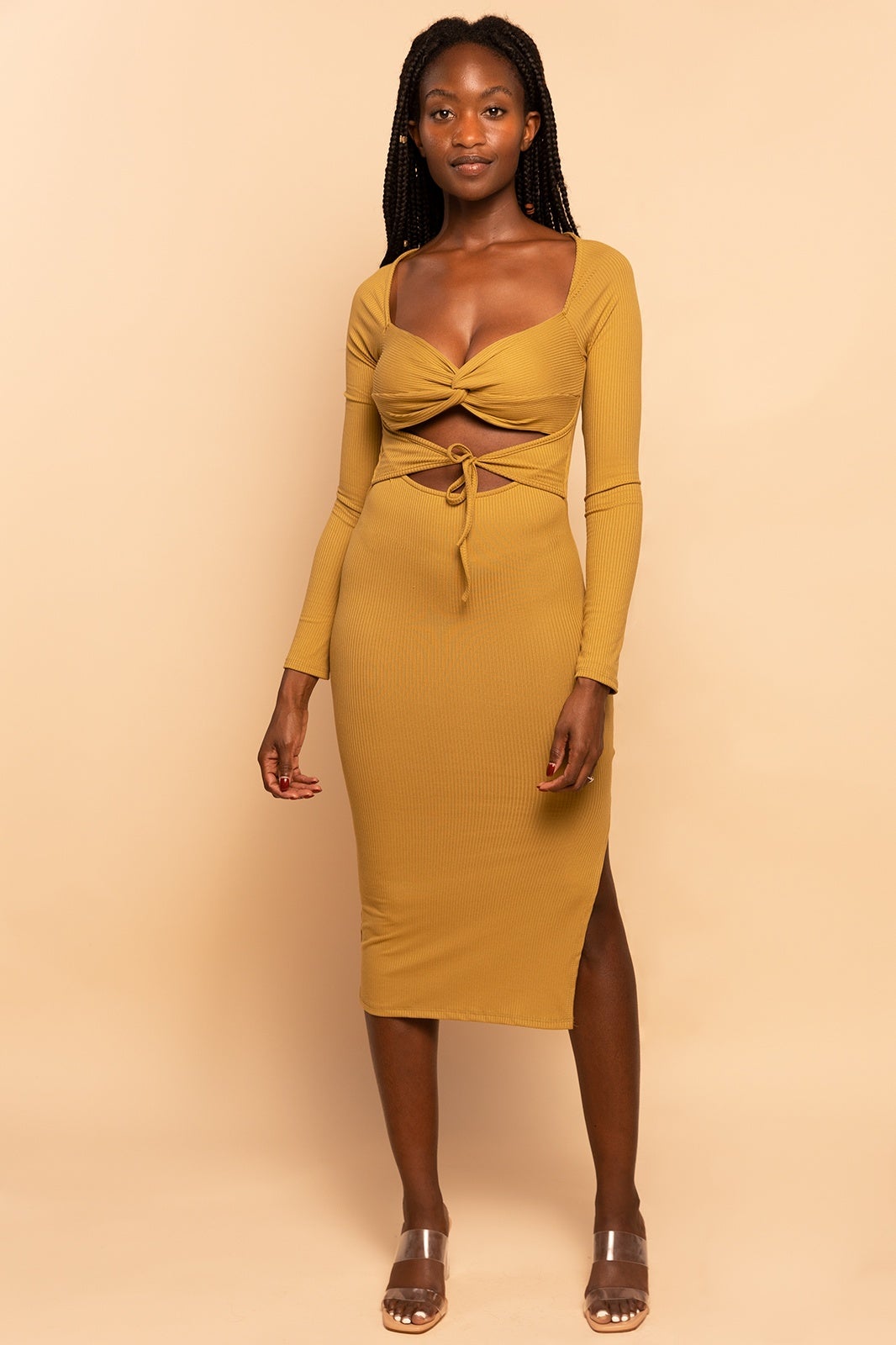 Sage Green Cut Out Tie-Front Ribbed Midi Dress Elenista