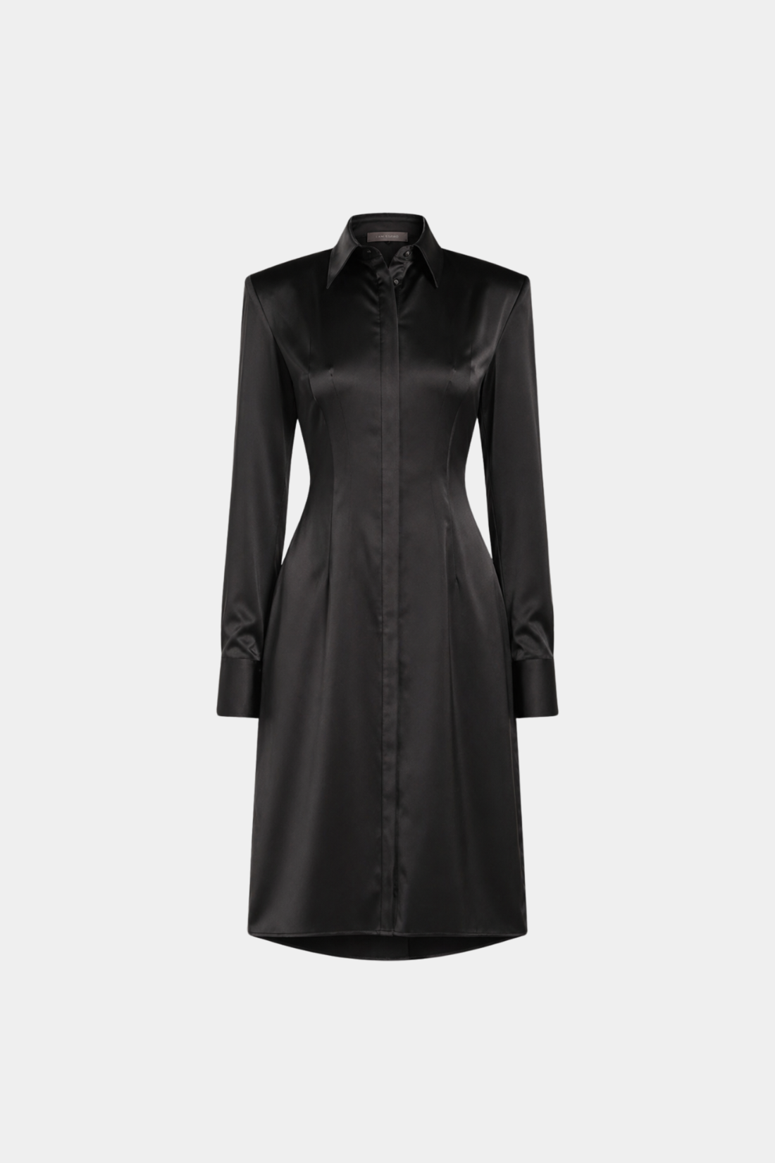Black Heavyweight Satin Fitted Shirt Dress with a tailored silhouette, sharp collar, long sleeves with wide cuffs, and expert SHAO New York bespoke tailoring showcasing luxury designer fashion.