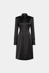 Black Heavyweight Satin Fitted Shirt Dress with a tailored silhouette, sharp collar, long sleeves with wide cuffs, and expert SHAO New York bespoke tailoring showcasing luxury designer fashion.