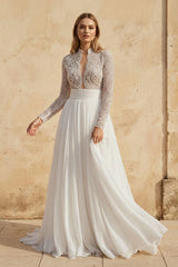 Luxurious Lace Beading Long Sleeves A-Line Pleated Tulle Wedding Dresses