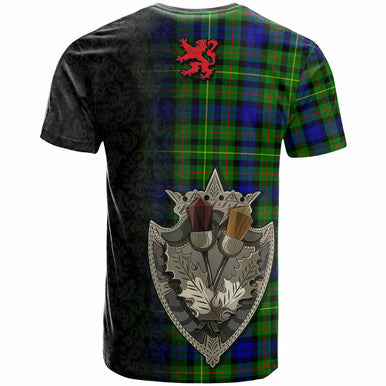 Scottish Rollo Clan Crest Tartan T-Shirt - Half Thistle Flowers Celtic Design Back Side Tartan Plaid