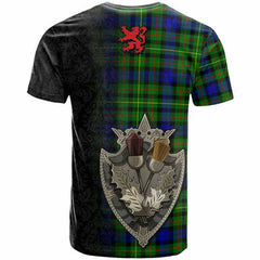 Scottish Rollo Clan Crest Tartan T-Shirt - Half Thistle Flowers Celtic Design Back Side Tartan Plaid