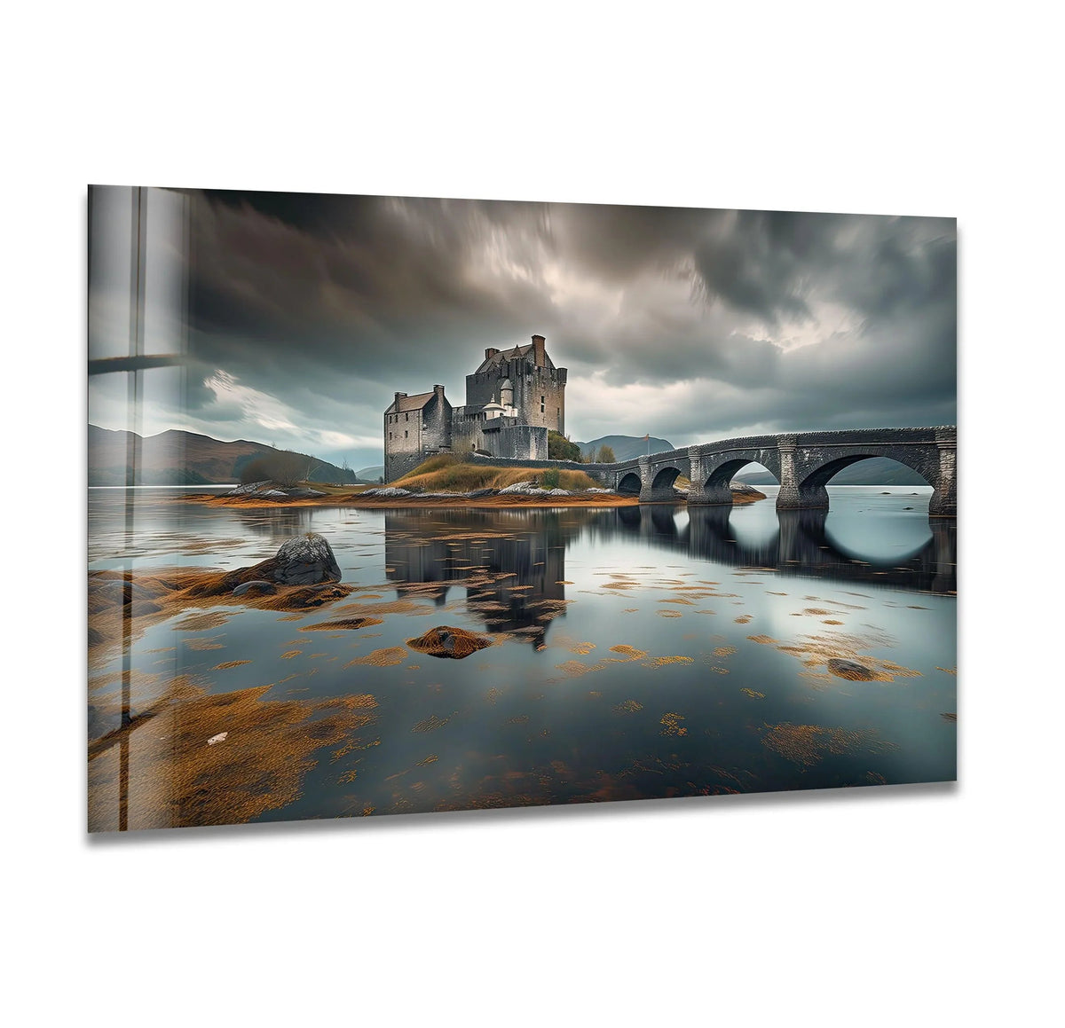 Dramatic stormy clouds loom over distant Scottish highlands, enhancing this captivating print wall art.