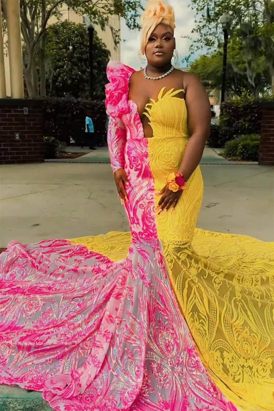 Sequin Pink and Yellow Long Sleeve Mermaid Prom Dresses-Dbrbridal