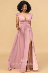 Plunging Neck Flutter Sleeve Chiffon Slit Bridesmaid Dress