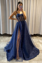 Sexy Sparkle Spaghetti strap Navy Blue A-line Princess Tulle Prom Dress-Ballbella