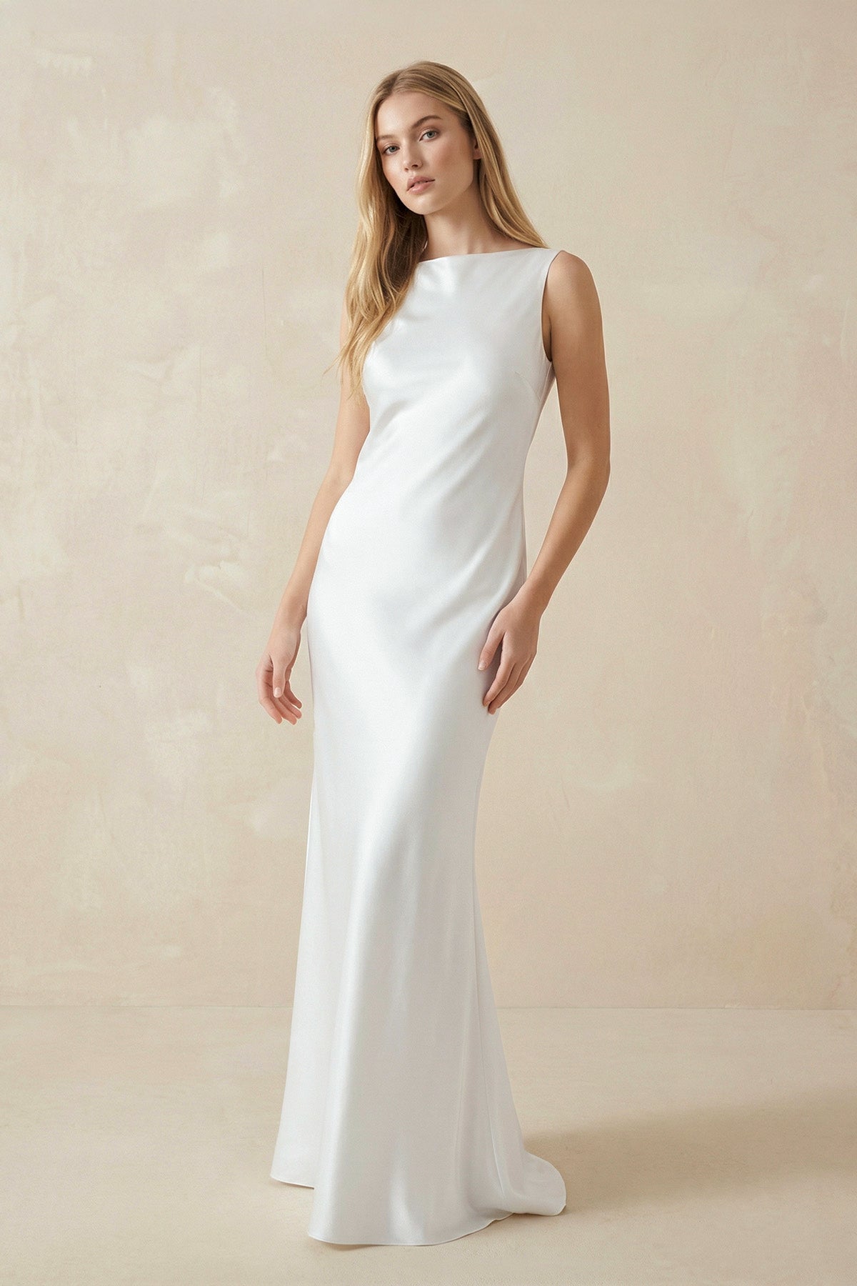 Sheath High Bateau Neck Backless Silk Satin Wedding Dress – Wedding Dresses by KissProm | Available at KissProm