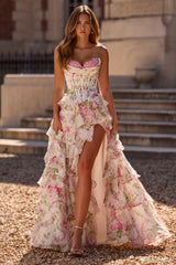 Sherri Hill 57693 prom dress images.  Sherri Hill 57693 is available in these colors: Ivory Pink Green Print.